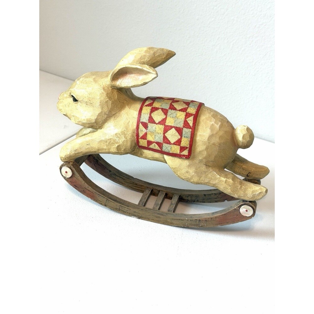 Vintage Easter Wooden Rocking Rabbit White Bunny Painted Folk Art Decor Figurine